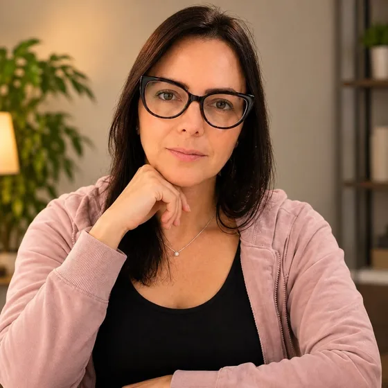 Renata Portugal, de óculos e casaco rosa, com a mão no queixo